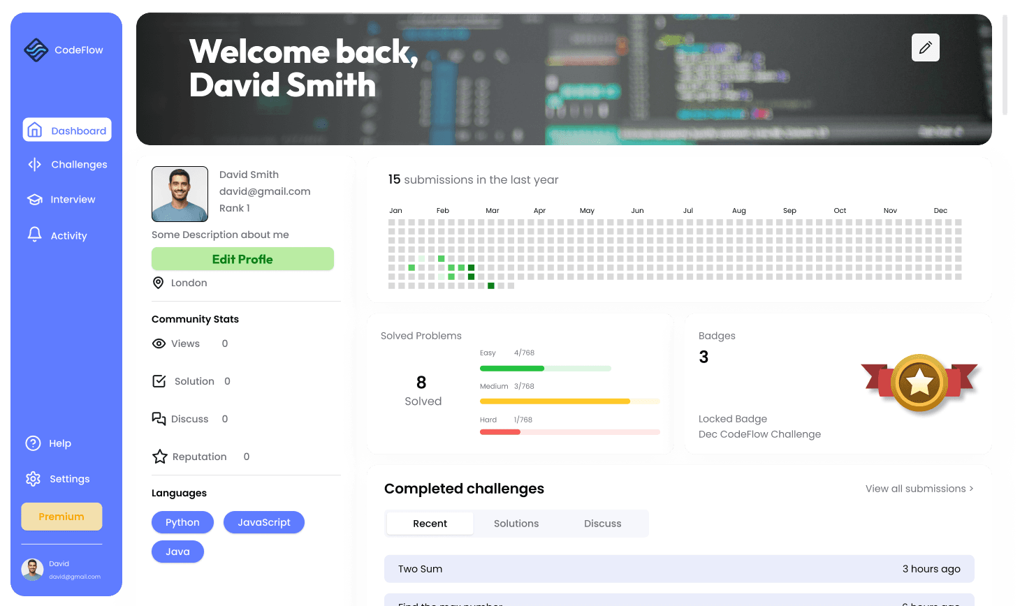 CodeFlow's user dashboard displaying coding progress and achievements