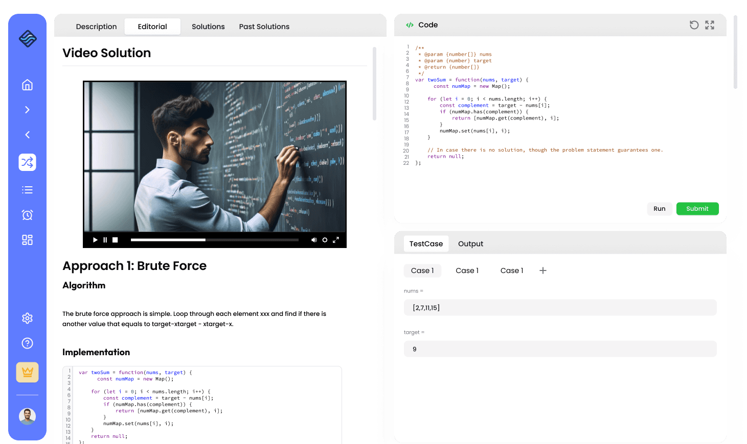 CodeFlow's code editor showing a JavaScript coding exercise with a video tutorial explaining the coding concept